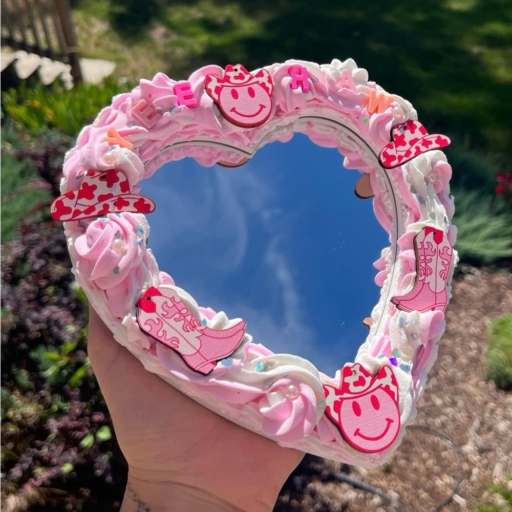 7” Pink Heart-Shaped Cowgirl Fake Cake mirror